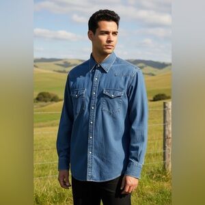 Wrangler Pearl Snap Western Denim Shirt L Western Shirt Long Tails Made In USA